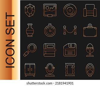 Set line Portrait picture in museum, Chicken egg on stand, Suitcase, Vinyl disk, Pocket watch, Ancient amphorae, Gem stone and Rope barrier icon. Vector