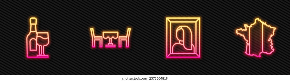 Set line Portrait picture in museum, Wine bottle with glass, French cafe and Map of France. Glowing neon icon. Vector