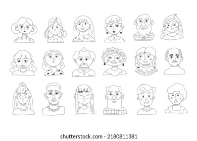 Set of line portraits. Hand draw avatars. Various vector characters