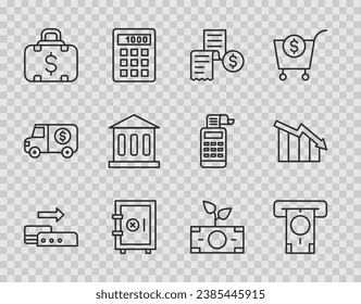Set line Pos terminal, ATM and money, Paper or financial check, Safe, Briefcase, Bank building, Money plant the pot and Financial growth decrease icon. Vector