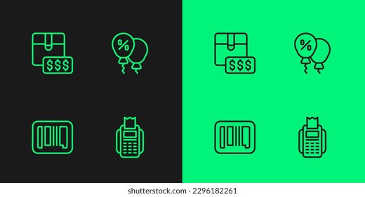 Set line POS Terminal, Barcode, Item Price Tag mit Dollar und Rabatt Prozent Symbol. Vektorgrafik