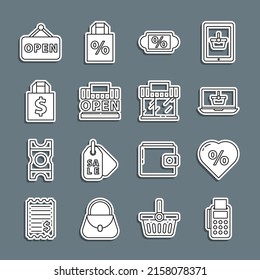 Set line POS terminal with credit card, Discount percent tag heart, Shopping basket on laptop, building and open, Shoping bag dollar, Hanging sign Open and or market store icon. Vector