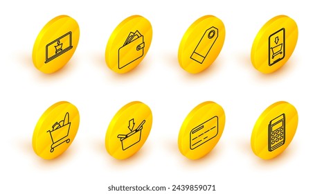 Set line Pos terminal, Credit card, Shopping basket, cart and food, Mobile phone shopping, Blank label template price tag, Wallet with stacks paper money cash and screen laptop icon. Vector