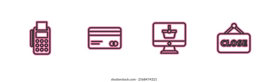 Set line POS terminal with credit card, Monitor shopping basket, Credit and Hanging sign Closed icon. Vector