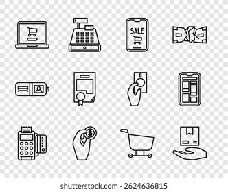 Set line POS terminal with credit card, Delivery hand boxes, Mobile phone shopping cart, Hand holding coin money, Shopping laptop, Certificate template,  and Online icon. Vector