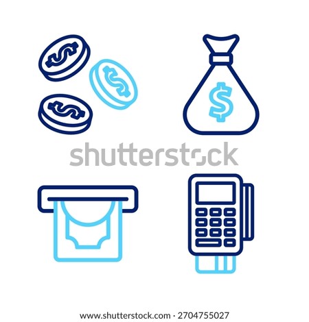 Set line POS terminal with credit card, ATM and money, Money bag and Coin dollar icon. Vector