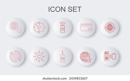 Set line POS terminal, Gear and arrows as workflow, Contactless payment, Globe with flying plane, Magnifying glass dollar, Clock gear, Copywriting network and Remote control icon. Vector