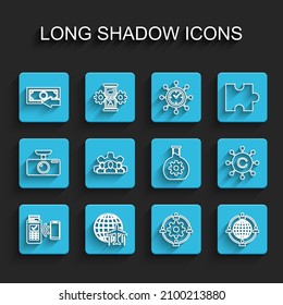 Set line POS terminal, Globe with flying plane, Cash back, Outsourcing concept, Project team base, Copywriting network and Bioengineering icon. Vector