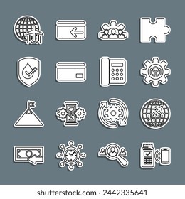 Set line POS terminal, Globe with flying plane, Product development, Project team base, Credit card, Waterproof,  and Telephone icon. Vector