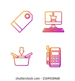 Set line Pos terminal with inserted credit card, Shopping basket, Blank label template price tag and Shopping cart on screen computer. Gradient color icons. Vector