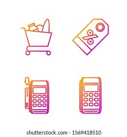 Set line Pos terminal, Pos terminal with inserted credit card, Shopping cart and food and Discount percent tag. Gradient color icons. Vector