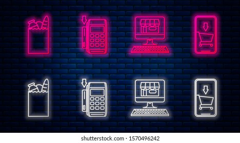 Set line Pos terminal with inserted credit card, Shopping building on screen computer, Paper shopping bag and food and Mobile phone and shopping cart. Glowing neon icon on brick wall. Vector