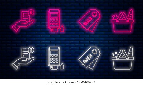 Set line Pos terminal with inserted credit card, Price tag with an inscription Sale, Human hand holding with blank receipt or bill for payment and Shopping basket and food. Glowing neon icon. Vector