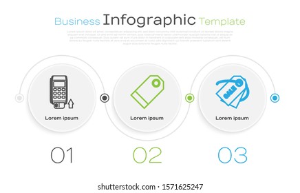 Set line Pos terminal with inserted credit card, Blank label template price tag and Price tag with an inscription Sale. Business infographic template. Vector