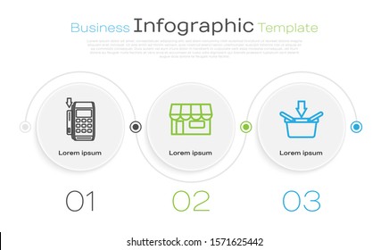 Set line Pos terminal with inserted credit card, Shopping building or market store and Shopping basket. Business infographic template. Vector