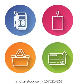 Set line Pos terminal with inserted credit card, Paper shopping bag, Shopping basket and Credit card. Color circle button. Vector