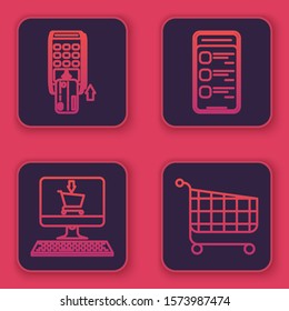 Set line Pos terminal with inserted credit card, Shopping cart on screen computer, Online shopping on mobile phone and Shopping cart. Blue square button. Vector