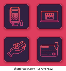 Set line Pos terminal with inserted credit card, Human hand holding with credit card, Shopping building on screen laptop and Credit card. Blue square button. Vector