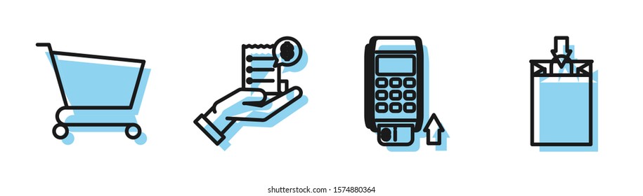 Set line Pos terminal with inserted credit card, Shopping cart, Human hand holding with blank receipt or bill for payment and Paper shopping bag icon. Vector