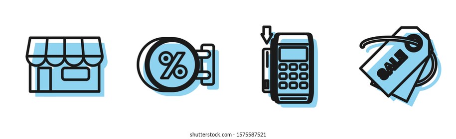 Set line Pos terminal with inserted credit card, Shopping building or market store, Signboard hanging with an inscription discount percent and Price tag with an inscription Sale icon. Vector