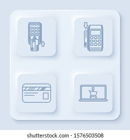 Set line Pos terminal with inserted credit card, Pos terminal with inserted credit card, Credit card and Shopping cart on screen laptop. White square button. Vector