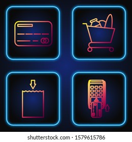 Set line Pos terminal with inserted credit card, Paper shopping bag, Credit card and Shopping cart and food. Gradient color icons. Vector