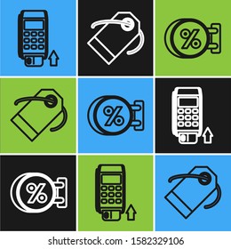 Set line Pos terminal with inserted credit card, Signboard hanging with an inscription discount percent and Blank label template price tag icon. Vector