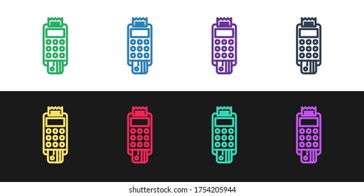 Set line POS terminal with inserted credit card and printed reciept icon isolated on black and white background. NFC payment concept. Vector Illustration