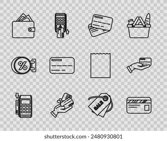 Set line Pos terminal with inserted credit card, Credit, Human hand holding, Wallet stacks paper money cash, Price tag inscription Sale and  icon. Vector