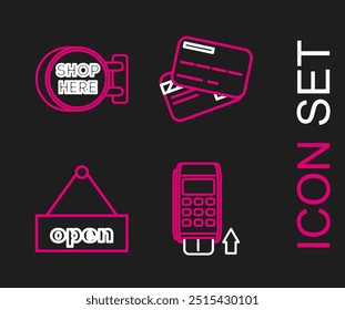 Set line Pos terminal with inserted credit card, Hanging sign text Open door, Credit and Signboard hanging inscription shop here icon. Vector