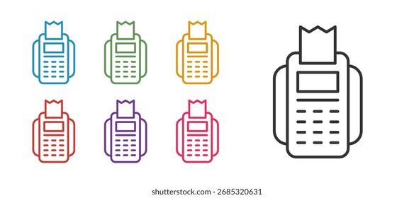 Definir terminal de PDV de linha com cartão de crédito inserido e ícone de recibo impresso isolado no plano de fundo branco. Conceito de pagamento NFC. Defina os ícones com cores. Vetor