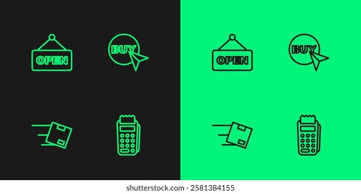 Set line POS terminal, Location with cardboard box, Hanging sign text Open and Buy button icon. Vector
