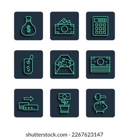 Set line Pos terminal, Money plant the pot, Piggy bank and hammer, Calculator, Envelope with dollar symbol, Price tag, bag and Stacks paper money cash icon. Vector