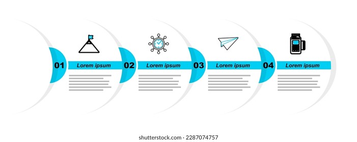 Set line POS terminal, Paper plane, Clock and gear and Mountains flag icon. Vector