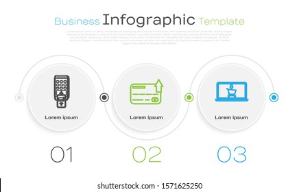 Set line POS terminal with printed reciept and confirms the payment by smartphone, Credit card and Shopping cart on screen laptop. Business infographic template. Vector
