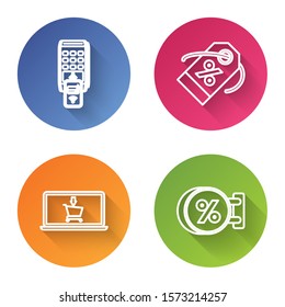 Set line POS terminal with printed reciept and confirms the payment by smartphone, Discount percent tag, Shopping cart on laptop and Signboard hanging with an inscription discount percent. Vector