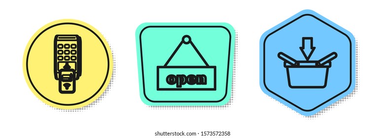 Set line POS terminal with printed reciept and confirms the payment by smartphone, Hanging sign with text Open door and Shopping basket. Colored shapes. Vector