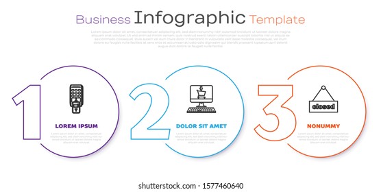 Set line POS terminal with printed reciept and confirms the payment by smartphone, Shopping cart on screen computer and Hanging sign with text Closed. Business infographic template. Vector