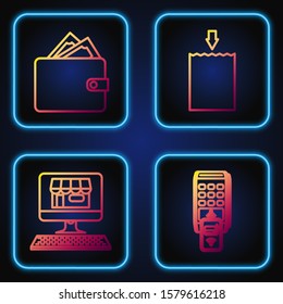 Set line POS terminal with printed reciept and confirms the payment by smartphone, Shopping building on computer, Wallet with stacks paper money cash and shopping bag. Gradient color icons. Vector