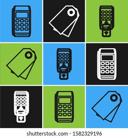 Set line Pos terminal, POS terminal with printed reciept and confirms the payment by smartphone and Blank label template price tag icon. Vector