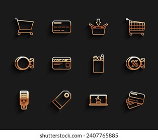 Set line POS terminal with printed reciept and confirms the payment by smartphone, screen laptop, Credit card, Signboard hanging inscription discount percent and Paper shopping bag food icon. Vector