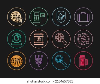 Set line POS terminal, Return of investment, Waterproof, Barrel oil, Web camera, Globe with flying plane, Magnifying glass and dollar and Pos icon. Vector