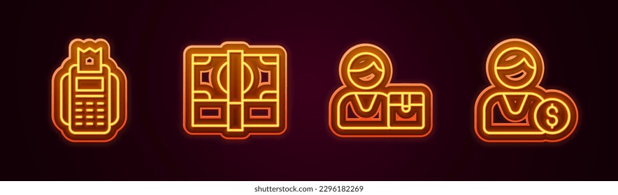 Set line POS terminal, Stacks paper money cash, Buyer and . Glowing neon icon. Vector