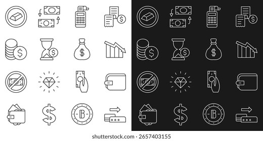 Set line Post terminal, billetera, disminución del crecimiento financiero, máquina de caja registradora, reloj de arena con dólar, moneda, barras de oro e icono de bolsa de dinero. Vector