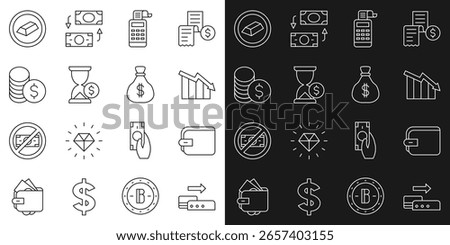 Set line Pos terminal, Wallet, Financial growth decrease, Cash register machine, Hourglass with dollar, Coin money, Gold bars and Money bag icon. Vector
