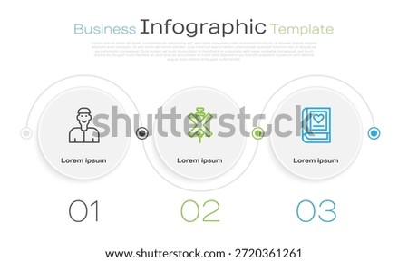 Set line Positive thinking, No doping syringe and Medical book. Business infographic template. Vector