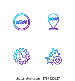 Set line Positive virus, Virus, Corona 2019-nCoV and location. Gradient color icons. Vector