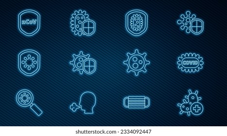 Set line Positive virus, Corona covid-19, Shield protecting from, Virus and  icon. Vector