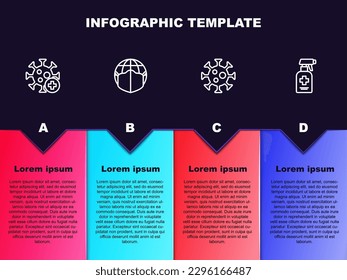 Set line Positive virus, Earth with medical mask, Virus and Liquid antibacterial soap. Business infographic template. Vector