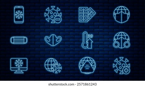 Set line Positive virus, Earth with medical mask, Pills in blister pack, Medical protective, Virus statistics on mobile, High human body temperature and Negative icon. Vector